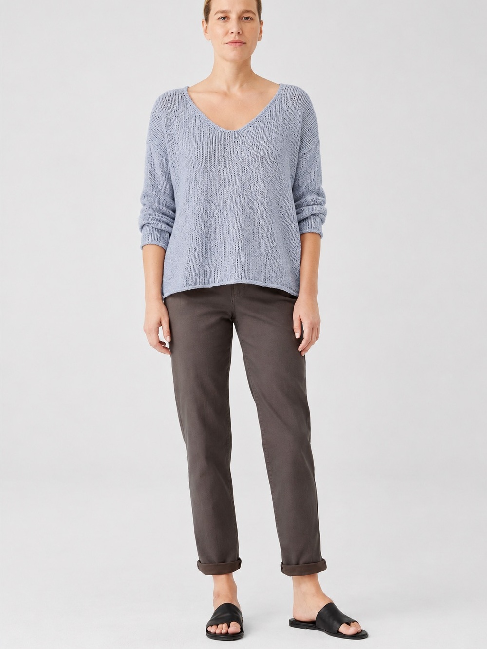 Eileen Fisher Peruvian Organic Cotton Crimp V-Neck Sweater Blue L